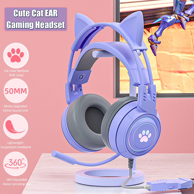 Pc Gaming Pink - Sevimli kedi kulak oyun mikrofonlu kulaklıklar
